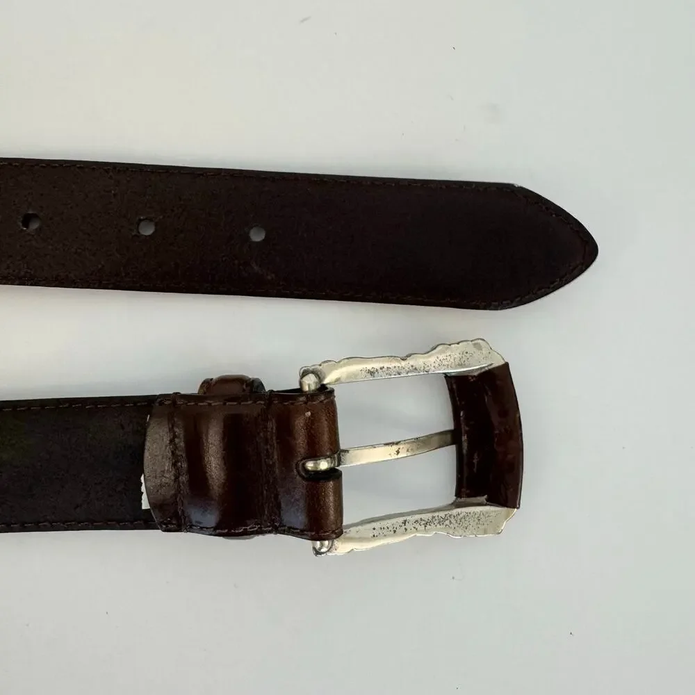 Fossil Brown Leather Belt Silver-Tone Hardware Boho Design Size M